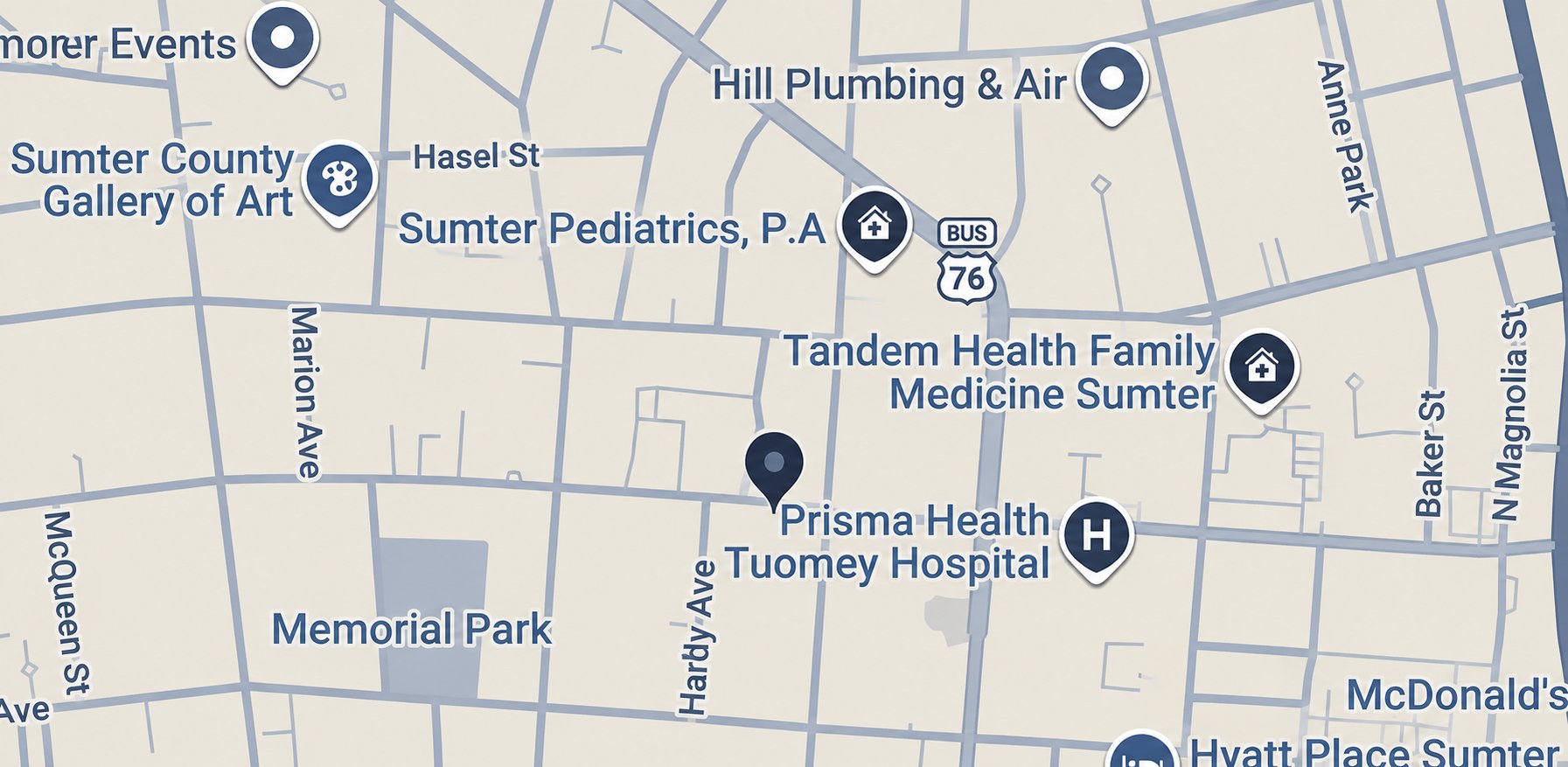 Map of the Cypress Bay Wealth office area in Sumter, South Carolina